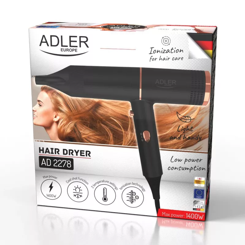 Hair dryer Adler AD 2278 — 1400 W, 2 heat settings, ionic function, foldable handle, black