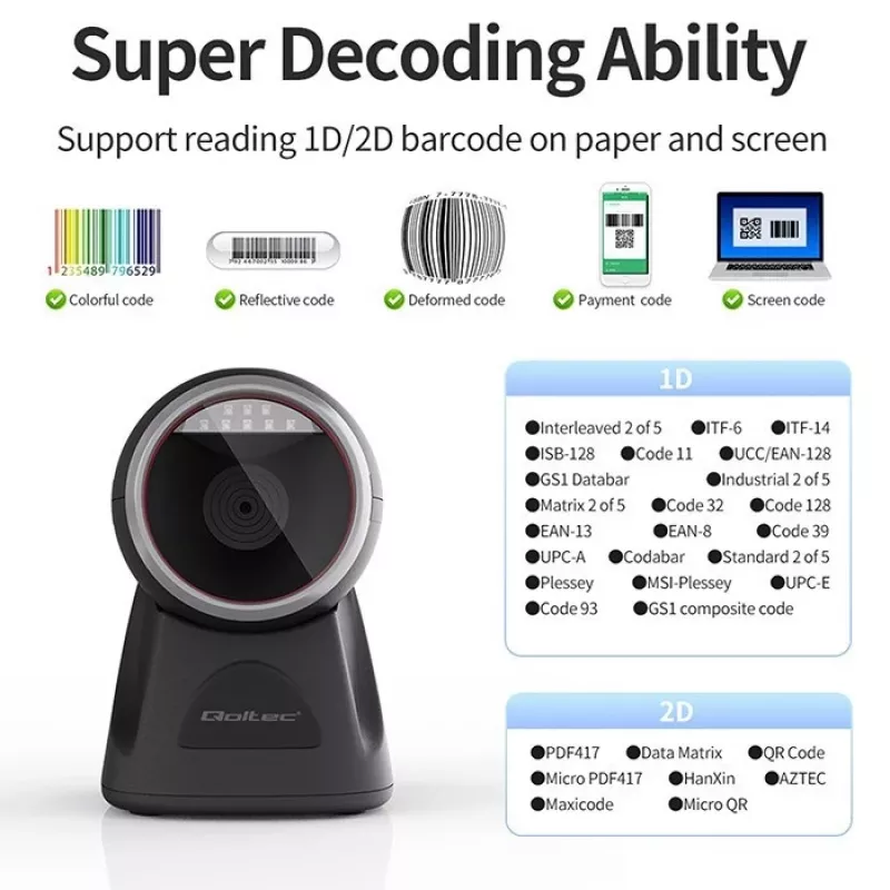 Qoltec Lettore Di Precisione Da Table Di Codici a Barre 1D E Scanner QR 2D, Lettore Codice a Barre, Black