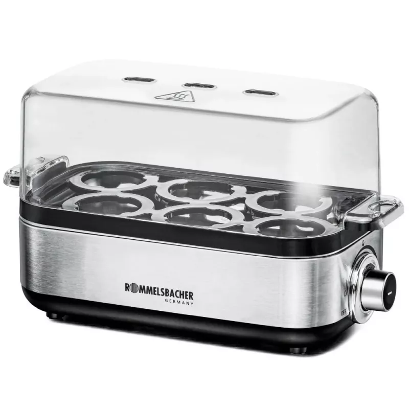 Egg cooker Rommelsbacher ER 600 — electric egg boiler, 6-egg capacity, 400 W, stainless steel, transparent lid