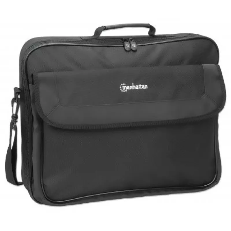 Manhattan Cambridge Laptop Bag 17.3 inch, Clamshell Design, Black, LOW COST, Accessories Pocket, Document Compartment on Back, Shoulder Strap (removable), Equivalent to Targus CN418EU, Notebook Case, Three Year Warranty