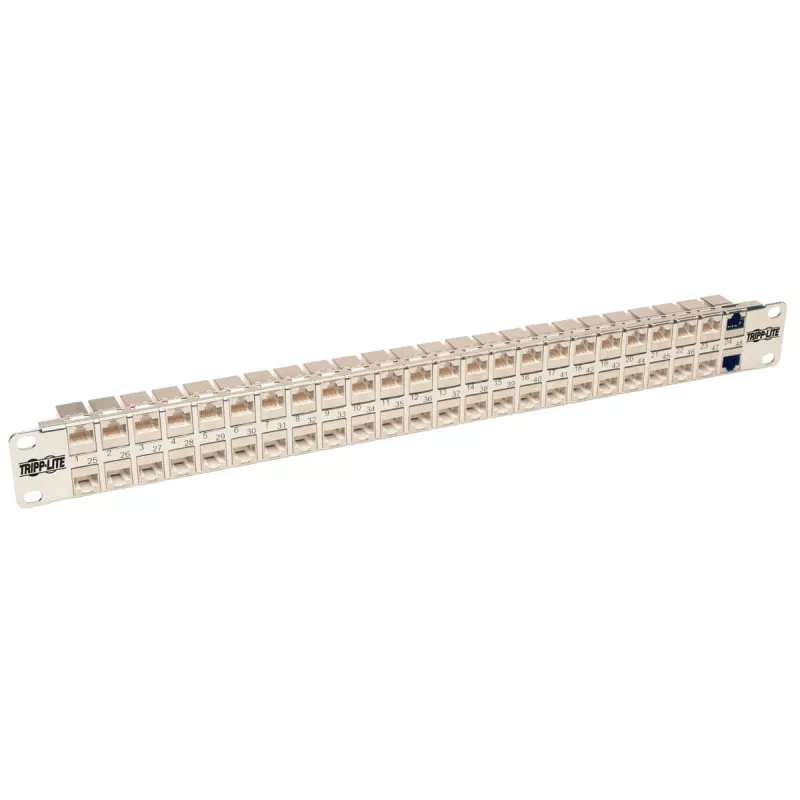 Tripp N254-048-SH-6A 48 Ports 1 HE rack mounting shielded Cat6a STP Feed-Through Patch Panel - RJ45 Ethernet - TAA - 10 Gigabit Ethernet - RJ-45 - Cat6a - Silver - White - Rackeinb