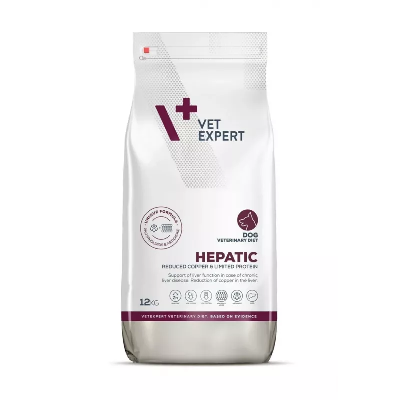 Dry dog food VETEXPERT Veterinary Diet Hepatic 12 kg — dietetic nutrition for liver support, meat flavour, for adult dogs 10–15.9 kg