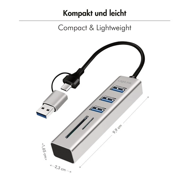 USB3.0 hub USB-A, SD/mic roSD slot, 2in1