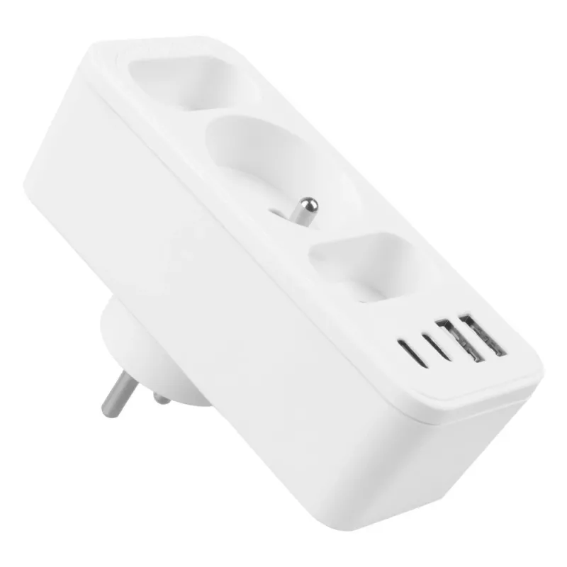 Power splitter MACLEAN MCE248 F/W — 3 AC sockets (1×16A, 2×6A) + 4×USB (2×A, 2×C PD 20W), EU plug, white