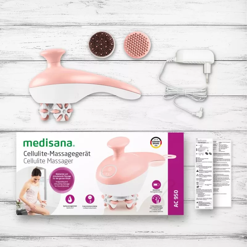 Handheld rolling massager Medisana AC 950 — cordless Li‑Ion, 2 power levels, ergonomic handles, 381 g, rose gold/white