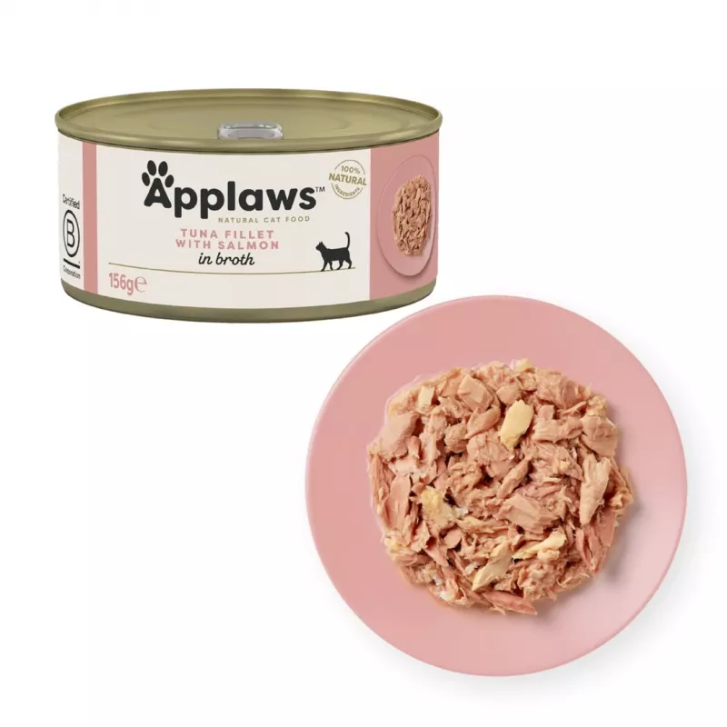 Wet cat food Applaws Tuna fillet with salmon in broth — pouch 156 g, 15% protein, 80% moisture