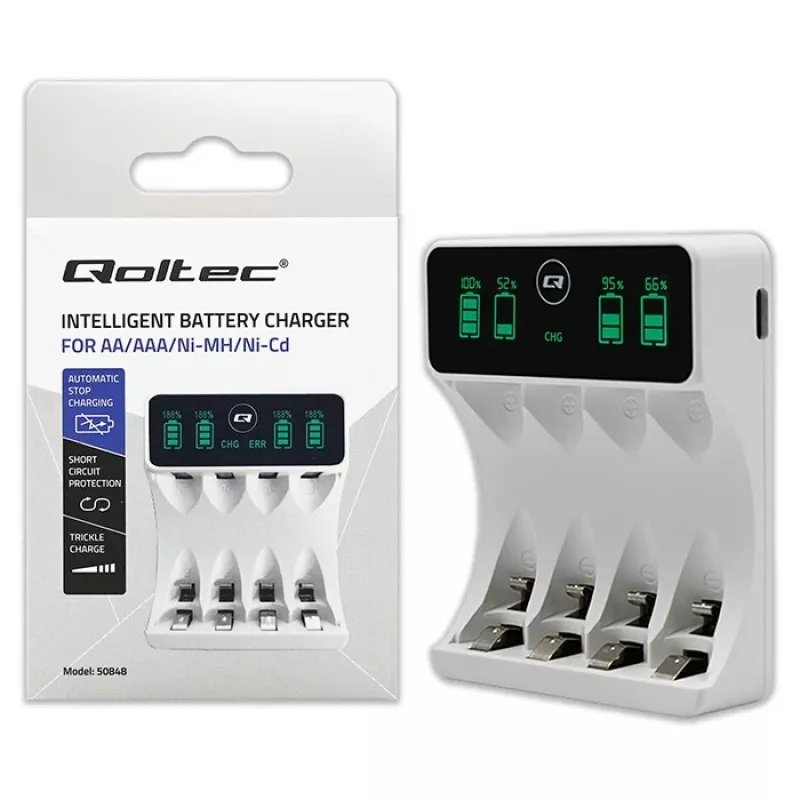 Battery charger QOLTEC 50848 for NiMH AAA (R03) and AA (R6) cells with LCD display