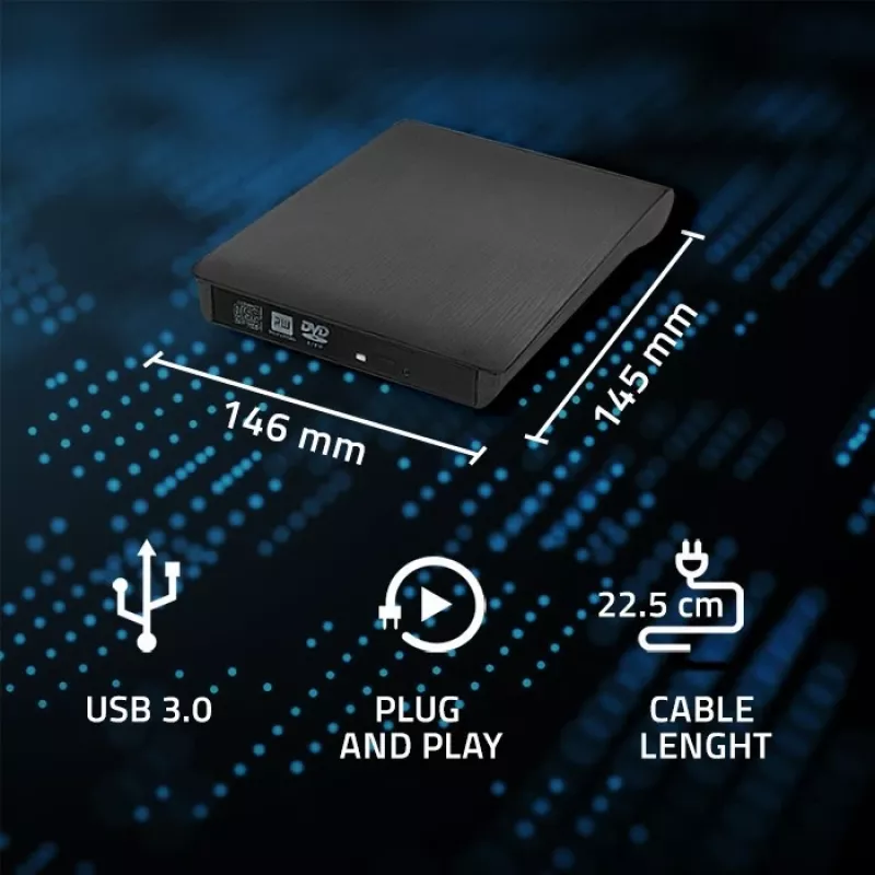 External DVD‑RW drive QOLTEC 51857 — USB 3.0, SATA interface, DVD±R 8x, DVD±RW 4x, DVD‑RAM 5x, CD 24x, black