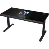 Dual-motor sit/stand adjustable-height gaming desk with built-in PC case, wireless charger, RGB lighting, control panel, and USB ports, tempered glass tabletop, black.