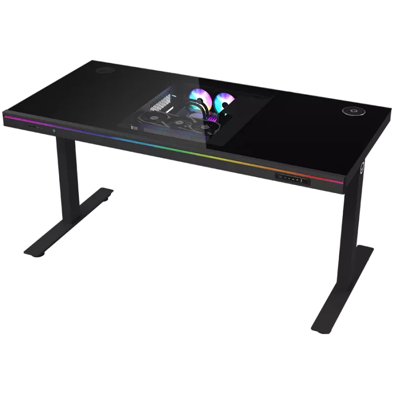 Dual-motor sit/stand adjustable-height gaming desk with built-in PC case, wireless charger, RGB lighting, control panel, and USB ports, tempered glass tabletop, black.