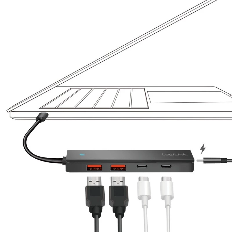 Hub USB-C, 4-porty 2x USB-A,2xUSB-C, Black