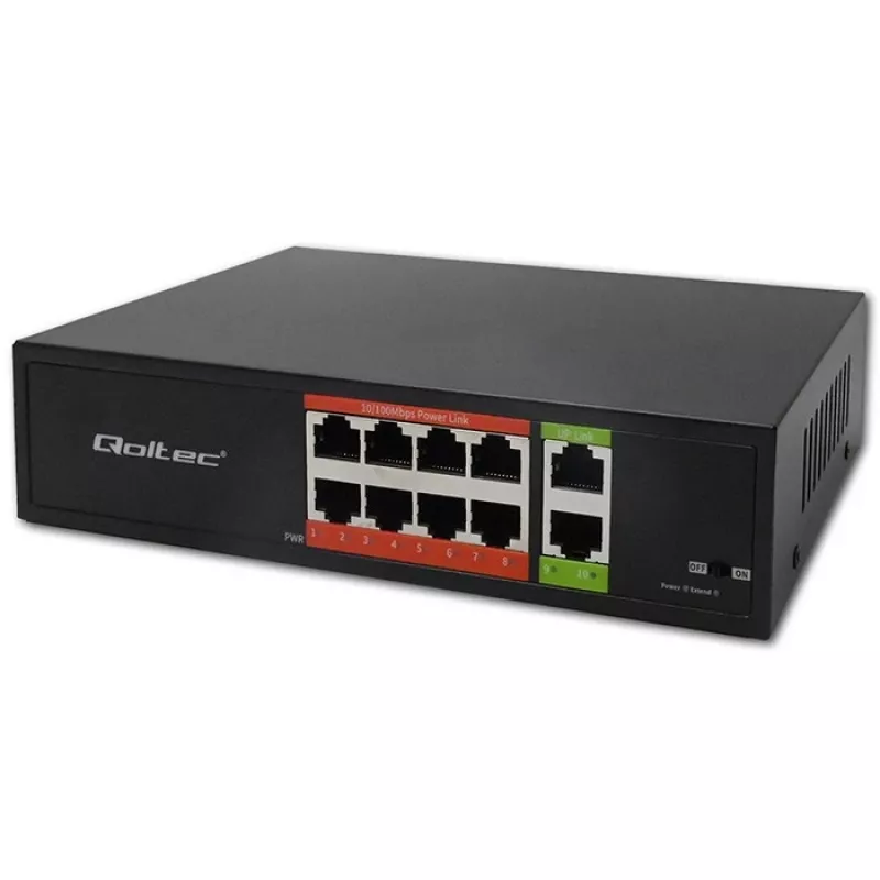 Network switch QOLTEC FAST Ethernet PoE 8xRJ45 with 2xRJ45 uplink (model 52290)