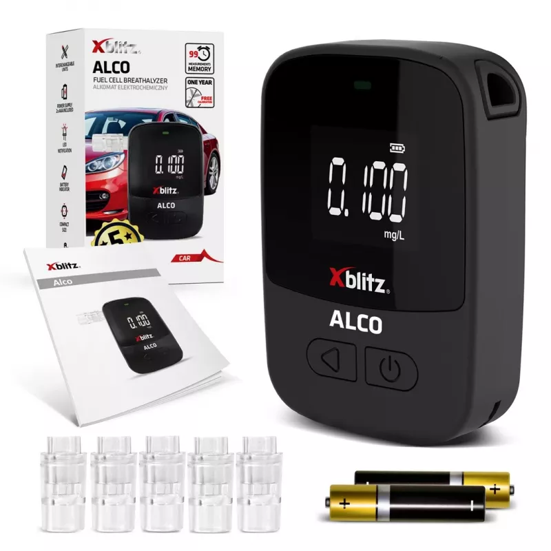 Handheld electrochemical alcohol tester Xblitz ALCO — BAC 0–4%, accuracy 0.05%, LCD, 5 mouthpieces, 2×1.5V batteries