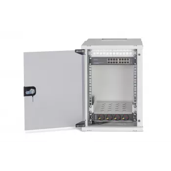 DIGITUS SOHO PRO 9U 10 inch Wall-Mounted Network Cabinet Kit, Grey, 315x300mm, with Switch, Patch Panel, Cables
