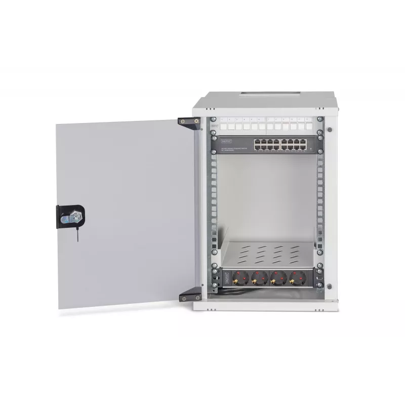 DIGITUS SOHO PRO 9U 10 inch Wall-Mounted Network Cabinet Kit, Grey, 315x300mm, with Switch, Patch Panel, Cables