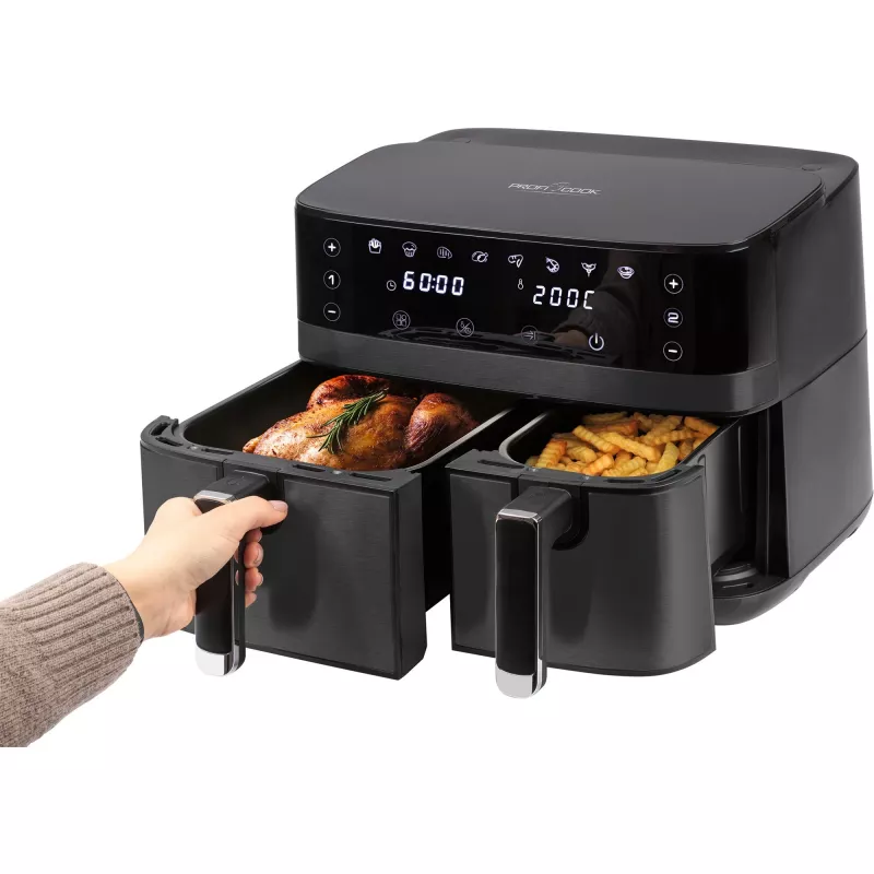 Double hot air fryer ProfiCook PCFR1295H — 2x containers (5.5 L + 3.5 L), 9.0 L total, 2700 W, stainless front