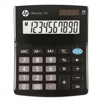 Desktop calculator HP OC 110 — 10-digit LCD, battery/solar, CR2032, 24 keys, black, 101×33×125 mm