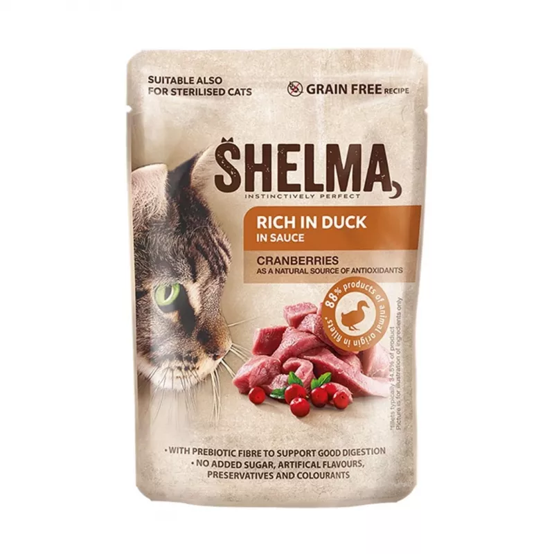 Wet cat food SHELMA multipack 4×85 g — adult complete wet food, chicken, turkey, beef, duck, grain‑free
