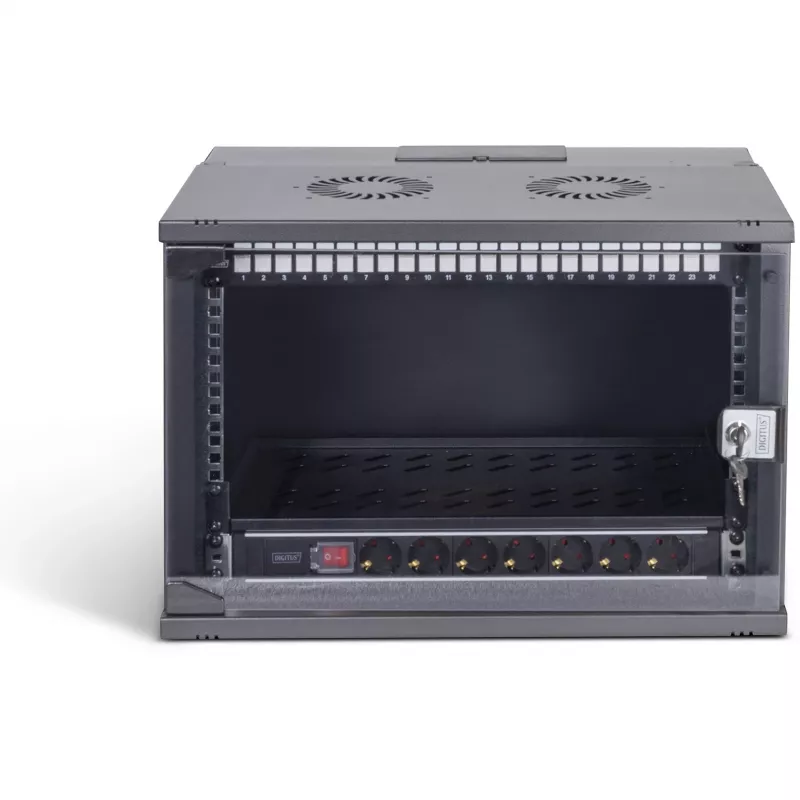 DIGITUS SOHO PRO 7U Wall-Mounted Network Cabinet Set, 19 inch, 60 kg Load, IP20, with 24-Port Cat6A Patch Panel, 24 Shielded Keystone Modules, 30x 0.25m S/FTP Patch Cables, 1U Shelf, 1U Power Strip, Black