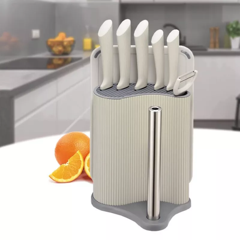 Knife/cutlery block set Maestro MR-1413-GREY — 8-piece stainless steel blades, grey handles, includes chef, bread, slicing, paring, universal knives, peeler, cutting board, paper towel holder