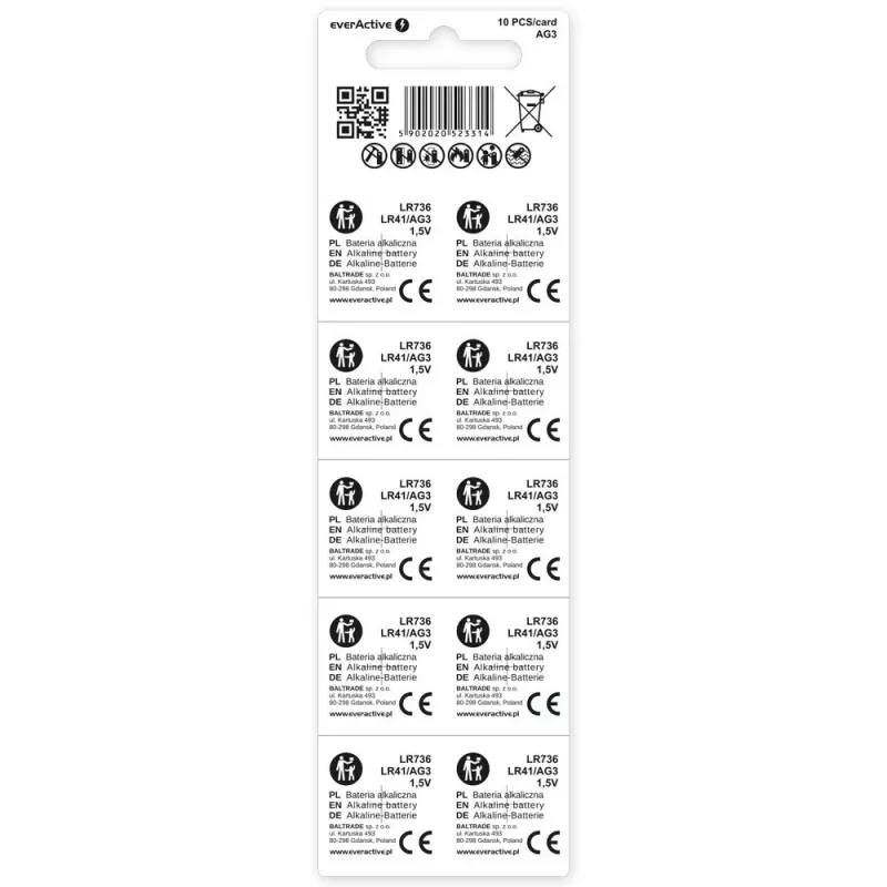 Single-use alkaline button battery everActive EVAG3 LR41 1.5V — pack of 10