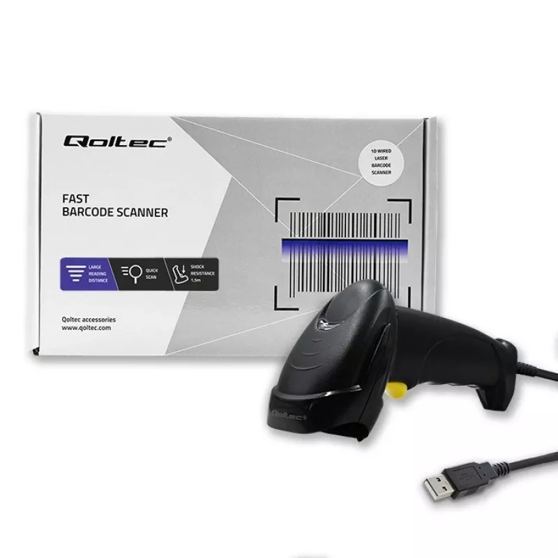 Qoltec 1D Laser Barcode Reader | USB | Black