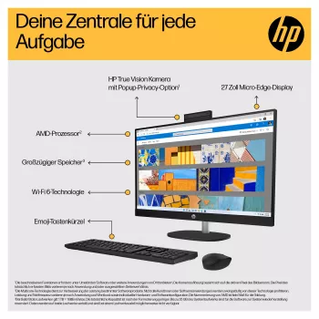 HP 27-cr0471ng - All-in-One (Complete Solution) - Ryzen 7 7730U - RAM 16 GB - SSD 512 GB - NVMe - Radeon Graphics - 1GbE, Wi-Fi 6, Bluetooth - WLAN: 802.11a/b/g/n/ac/ax, Bluetooth 
