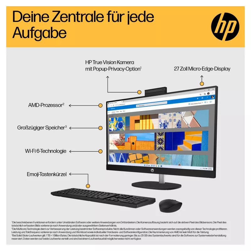 HP 27-cr0471ng - All-in-One (Complete Solution) - Ryzen 7 7730U - RAM 16 GB - SSD 512 GB - NVMe - Radeon Graphics - 1GbE, Wi-Fi 6, Bluetooth - WLAN: 802.11a/b/g/n/ac/ax, Bluetooth 