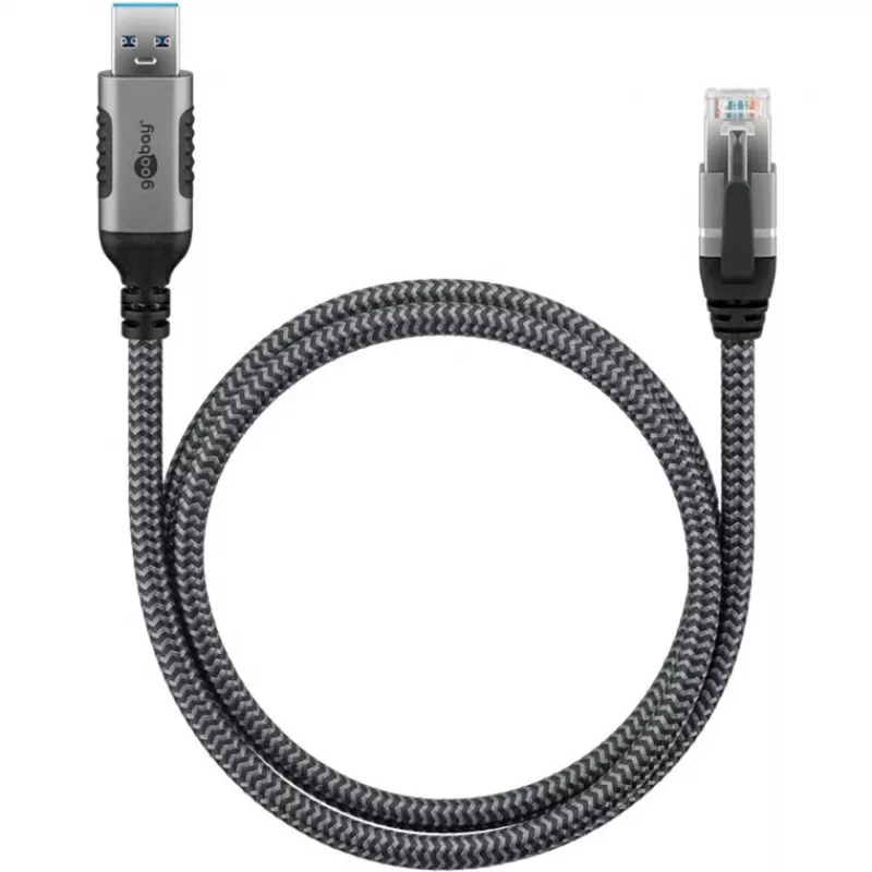 Ethernet-Cable USB-A 3.2 Gen1 Plug > RJ-45 Plug, LAN-Adapter black/Silver, 3 Meter, braided textile jacket