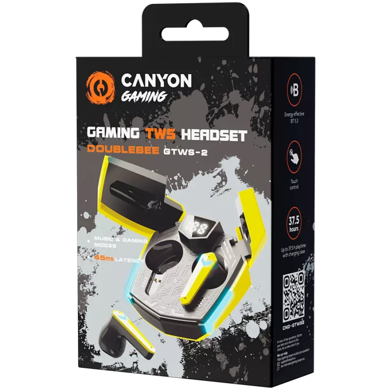 Canyon GTWS-2 Headphones Wireless Ear Hook Gaming USB Type-C Bluetooth Charging Dock Yellow (CND-GTWS2Y)