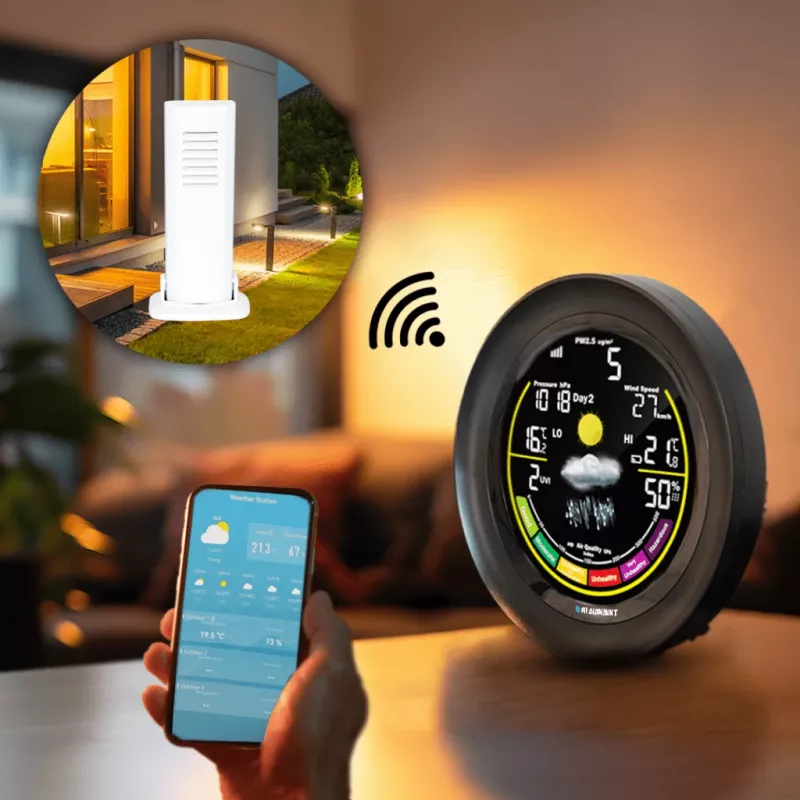 Weather station BLAUPUNKT WS35BK APP — LCD display, temperature & humidity, alarm, calendar, app connectivity, 94×94×27 mm