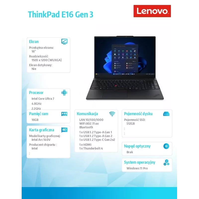 Laptop Lenovo ThinkPad E16 G3 22AY001SPB — Intel Ultra 7, 16.0 inch WUXGA, 16GB RAM, 512GB SSD, Windows 11 Pro, Black, 1 yr warranty