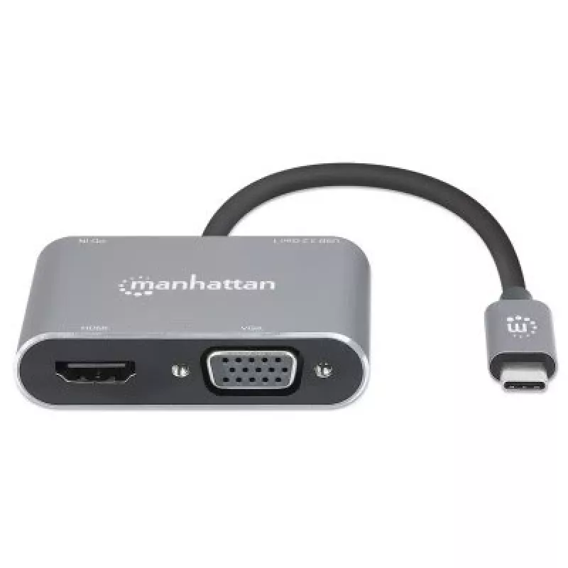 Manhattan USB-C Dock/Hub, Ports (x4): HDMI, USB-A, USB-C and VGA, with Power Delivery (PD) 87W- requires external USB-C charger (not included). USB powered (no external power supply required) when PD is not in use, Aluminium