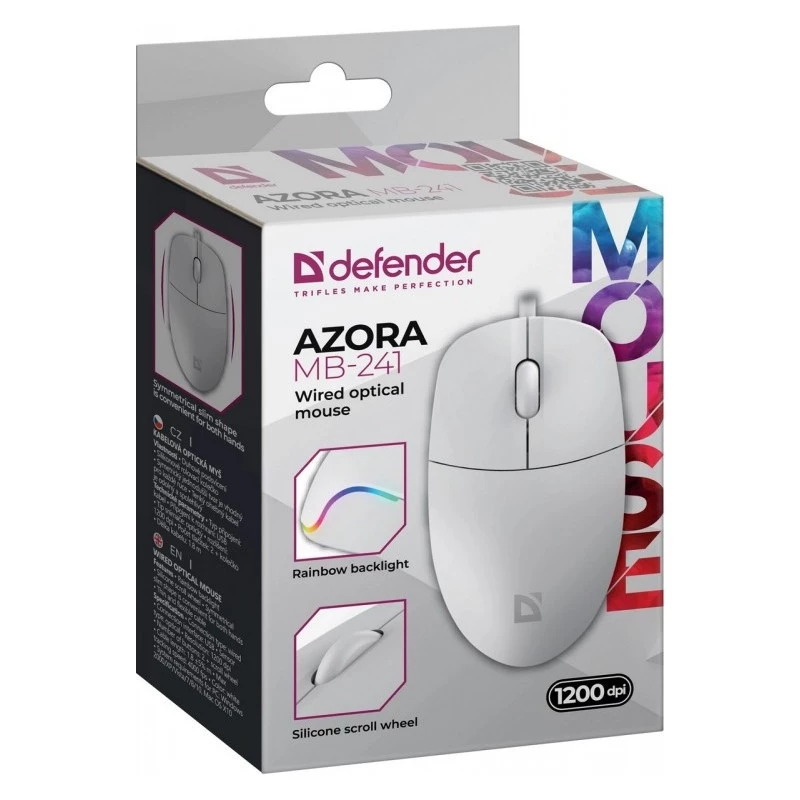 Wired mouse DEFENDER AZORA MB-24 — ambidextrous USB optical, 1200 DPI, 3 resolution modes, white, 109×86×34 mm