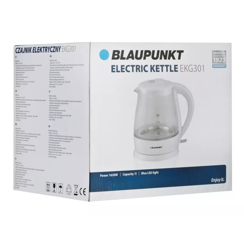 Electric kettle BLAUPUNKT 1 L 1630 W White — glass body, 360° base, button lid
