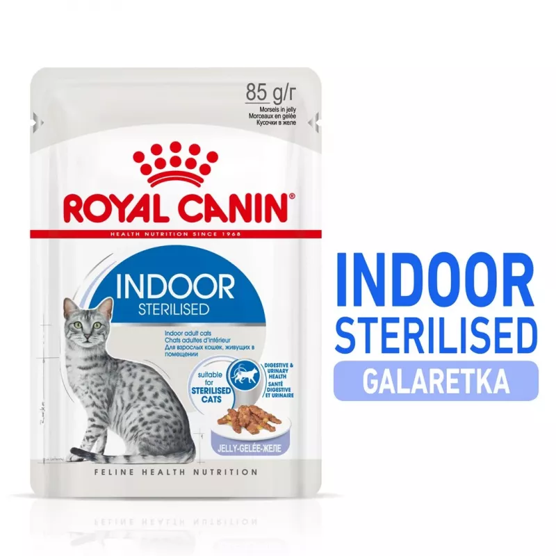 Wet cat food Royal Canin Indoor Sterilized 85 g pouch — adult indoor neutered, poultry flavor, pack 12 x 85 g