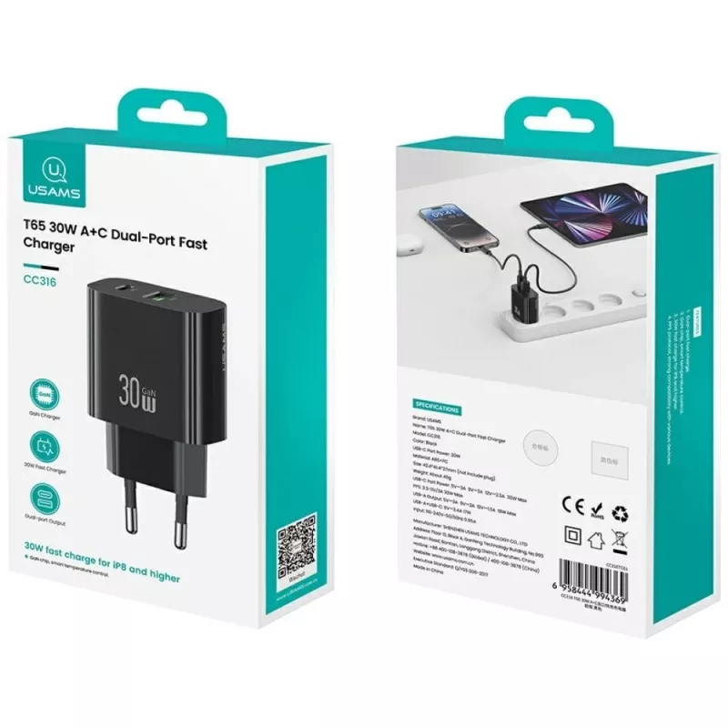 usams Charger USA001631 30W with 1x USB-C and 1x USB-A fast charging