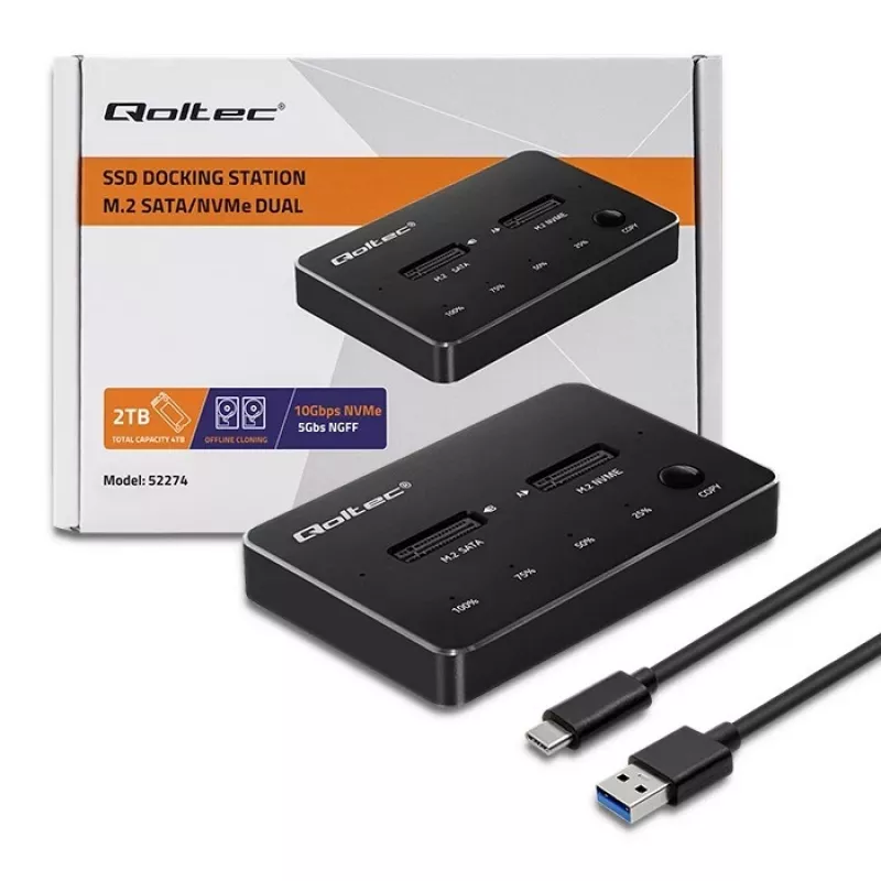 Qoltec 52274 M.2 SSD drive docking station | NVMe | SATA | USB-C | DUAL 2 x 2TB