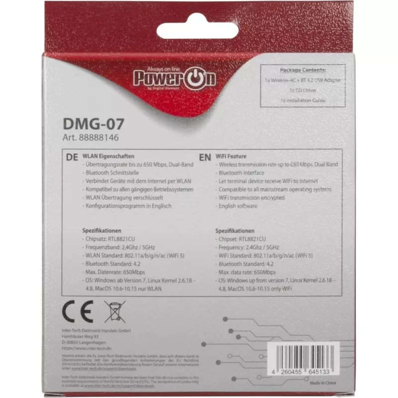 Inter-Tech DMG-07 - Wireless - USB - Wi-Fi / Bluetooth - Wi-Fi 5 (802.11ac) - 650 Mbit/s - Black (88888146)