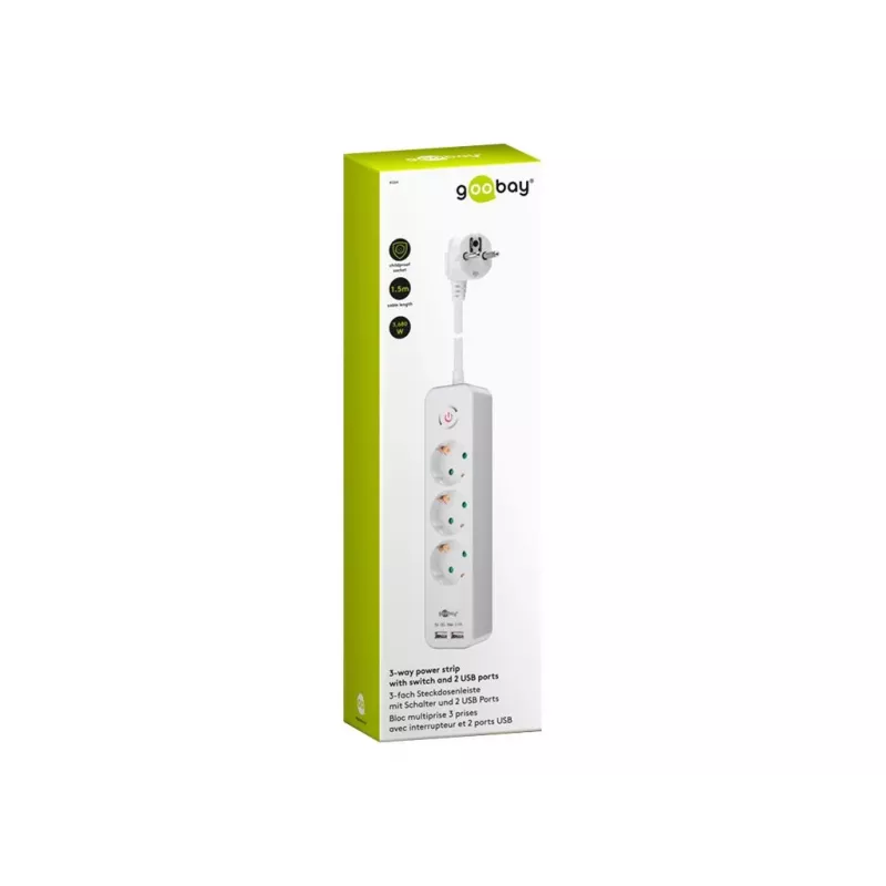 Goobay 3-Way Power Strip with Switch and USB 1.5m Cable Type F