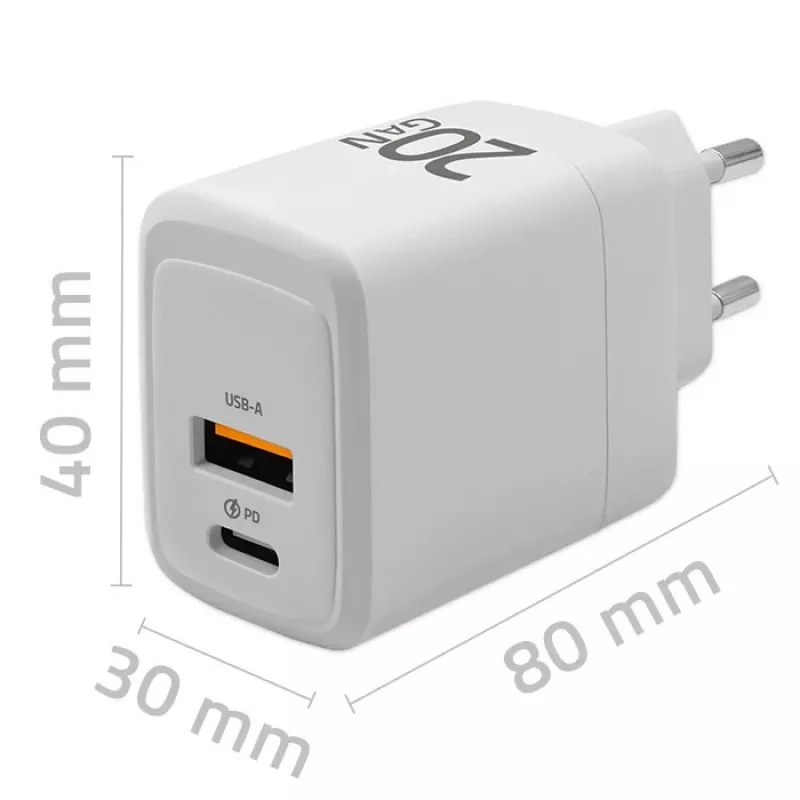 GaN Charger QOLTEC 51823 20W USB power adapter, 5V/20V output