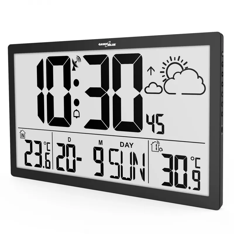 Wall clock GreenBlue GB218 — extra large LCD, weather station, indoor/outdoor temperatures, date display