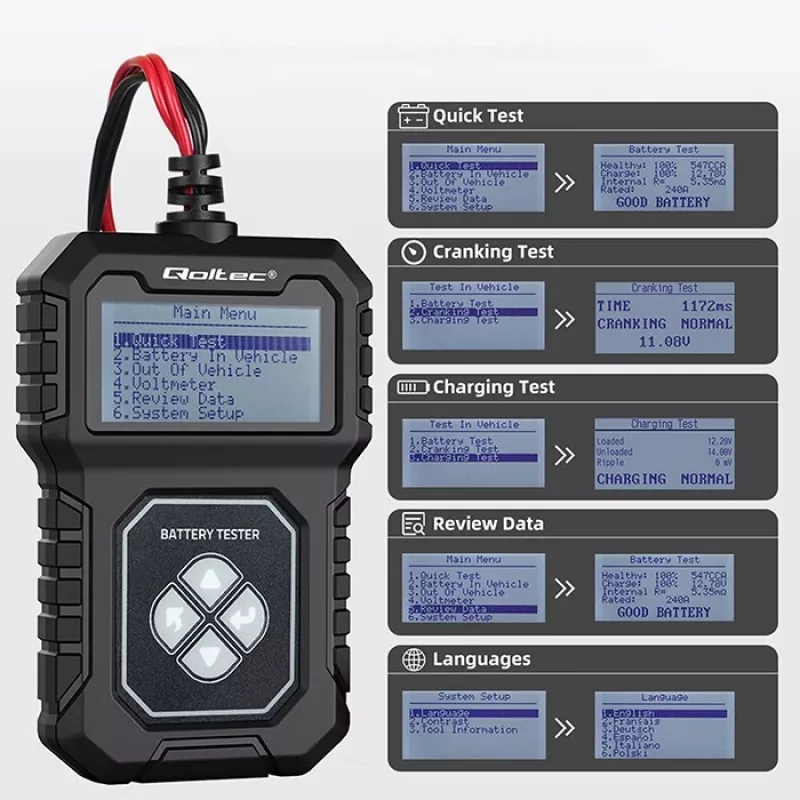 Qoltec Digital Battery Tester with LCD | Polish Menu | 12V | AGM | GEL | STD | 30-220AH