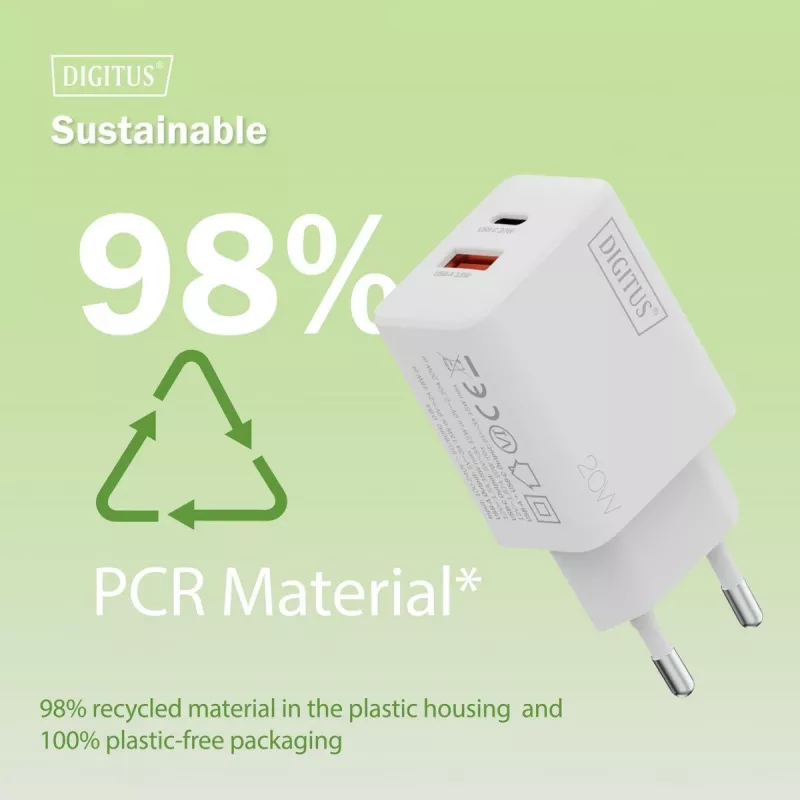 AC USB Charger DIGITUS 20W, 1x USB-C, 1x USB-A, Input 100–240V, White