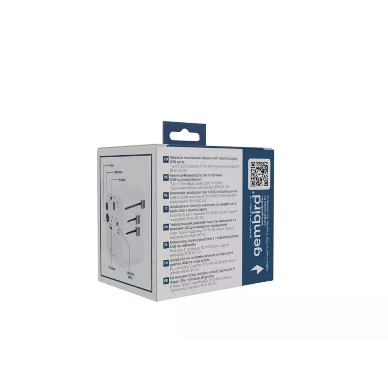 Travel adapter GEMBIRD TPA-2A3C70-01-W — Type I plug, 3× USB-C (70W), 2× USB-A (18W), 100–250V, white
