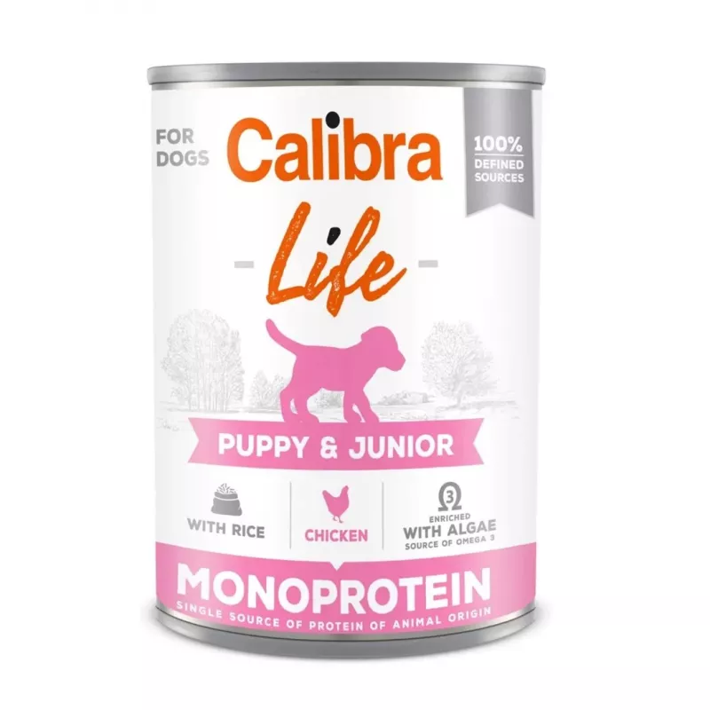 Wet dog food Calibra Puppy & Junior Chicken with Rice 400 g — complete growth feed for puppies, 78% moisture, 9.5% protein, 7% fat