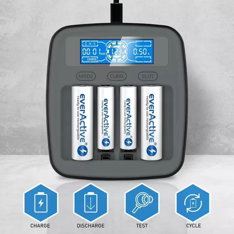 Battery charger everActive NC1000MV2 — Ni‑MH 4‑slot USB‑C charger, 4 cells, 5V, black, 110×99×38 mm