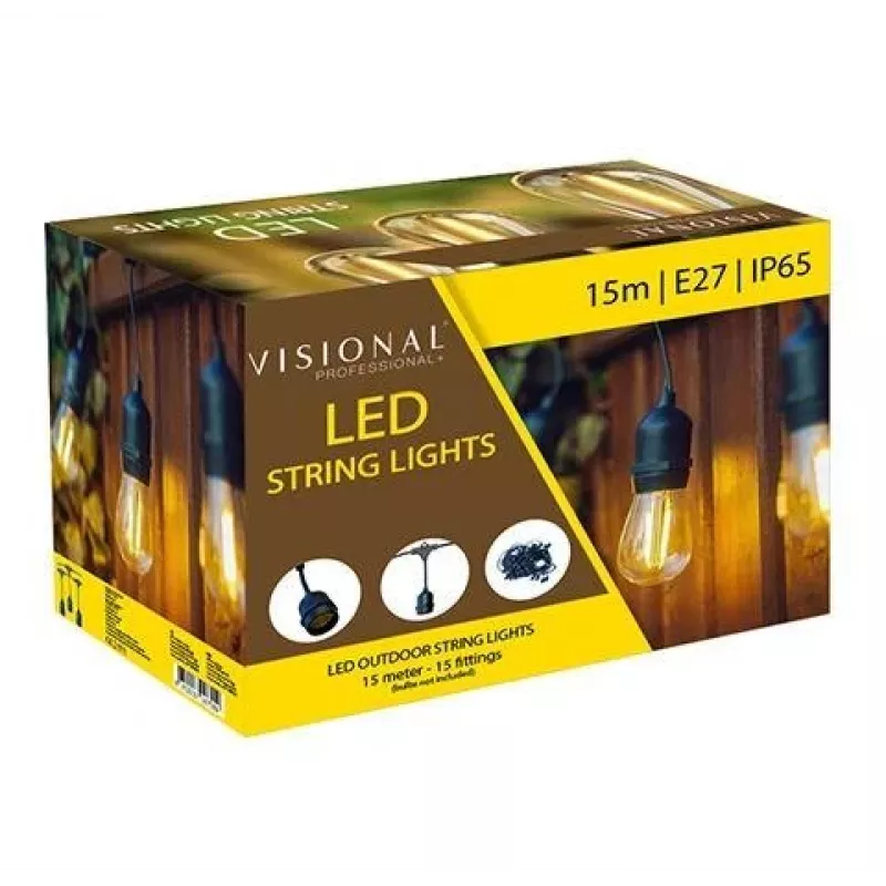 VISIONAL Led garden string lights with 15 E27 sockets, 15 m length, 1 m spacing, black cable (H05VV-F 2x0.75)