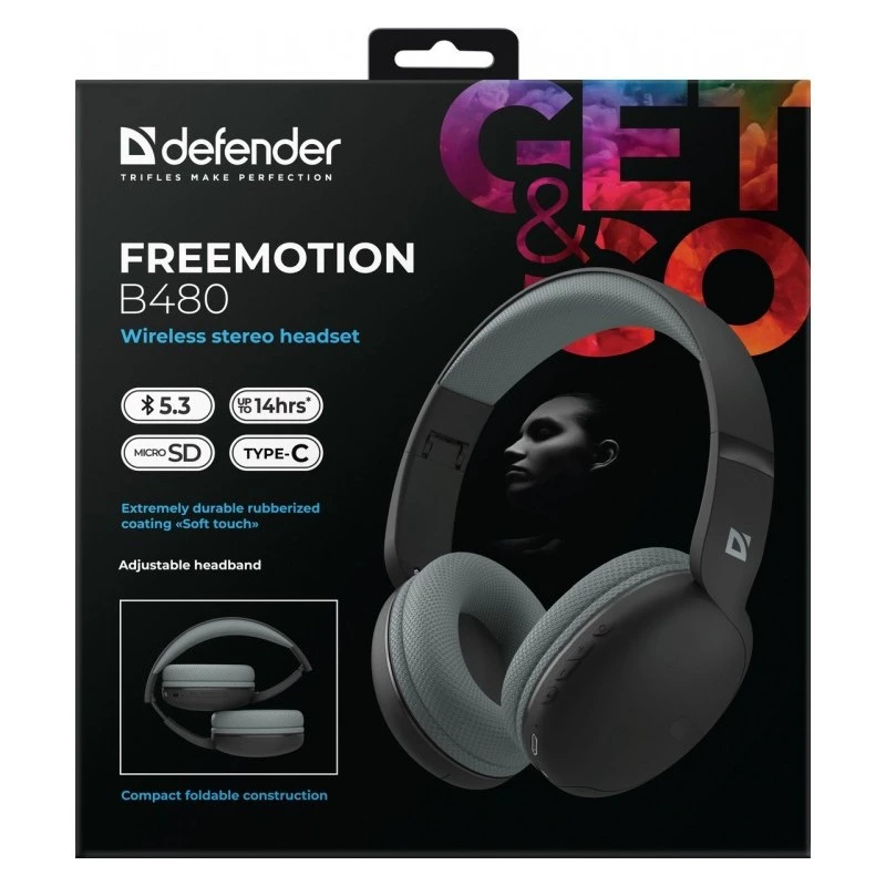 Wireless headphones DEFENDER Freemotion B480 — over-ear, closed, Bluetooth, 20–20000 Hz, 99 dB, USB-C, AUX