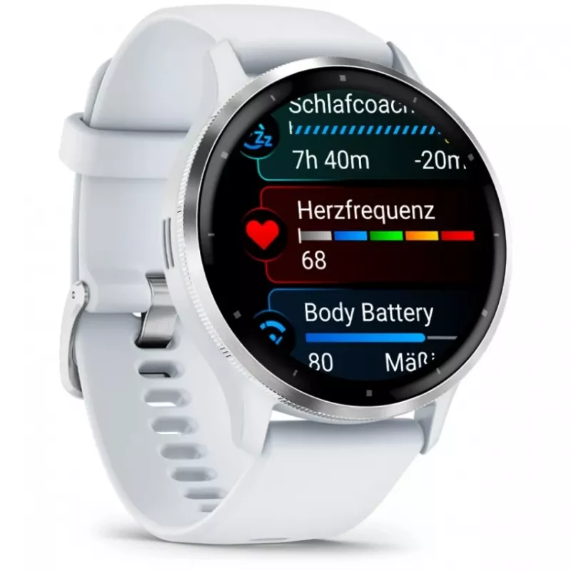 Smartwatch GARMIN Venu 3 — 1.4 inch AMOLED, 45 mm case, GPS, Wi‑Fi, 8 GB, Silver/White, silicone band